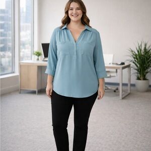 Torrid Harper Georgette Blouse 00 (M/L 10) Blue 3/4 Sleeve V-Neck NWT